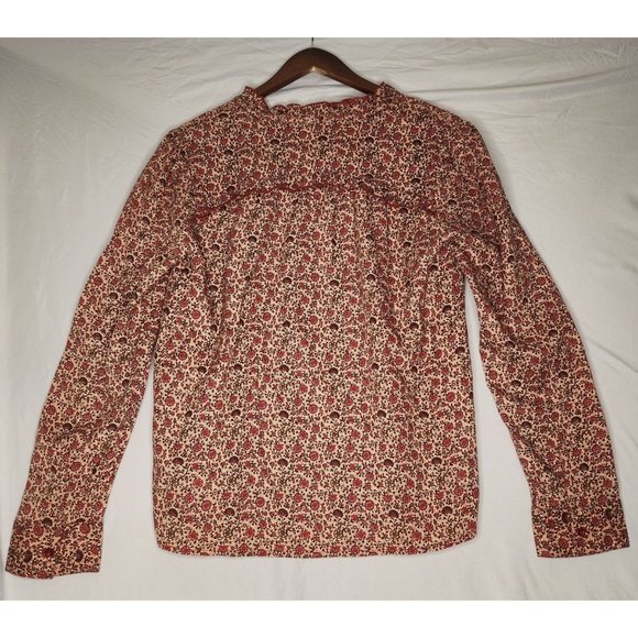 Hinge Navy and rust with orange and yellow floral print long sleeved blouse. Ruf - Picture 4 of 8